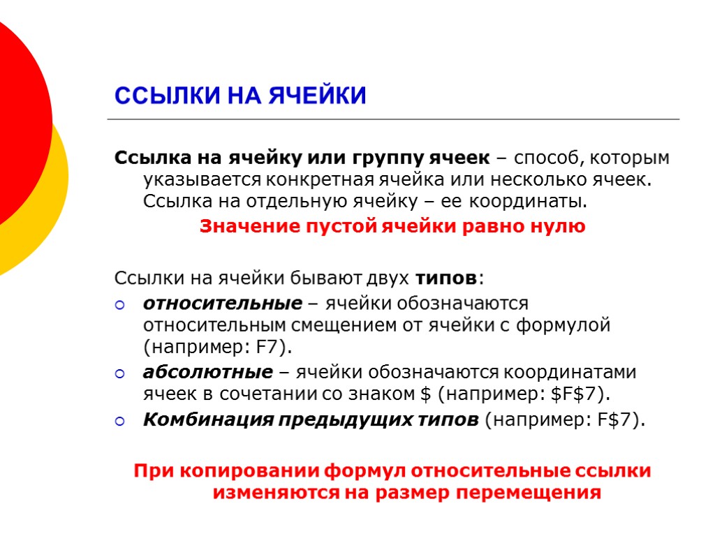 ССЫЛКИ НА ЯЧЕЙКИ Ссылка на ячейку или группу ячеек – способ, которым указывается конкретная